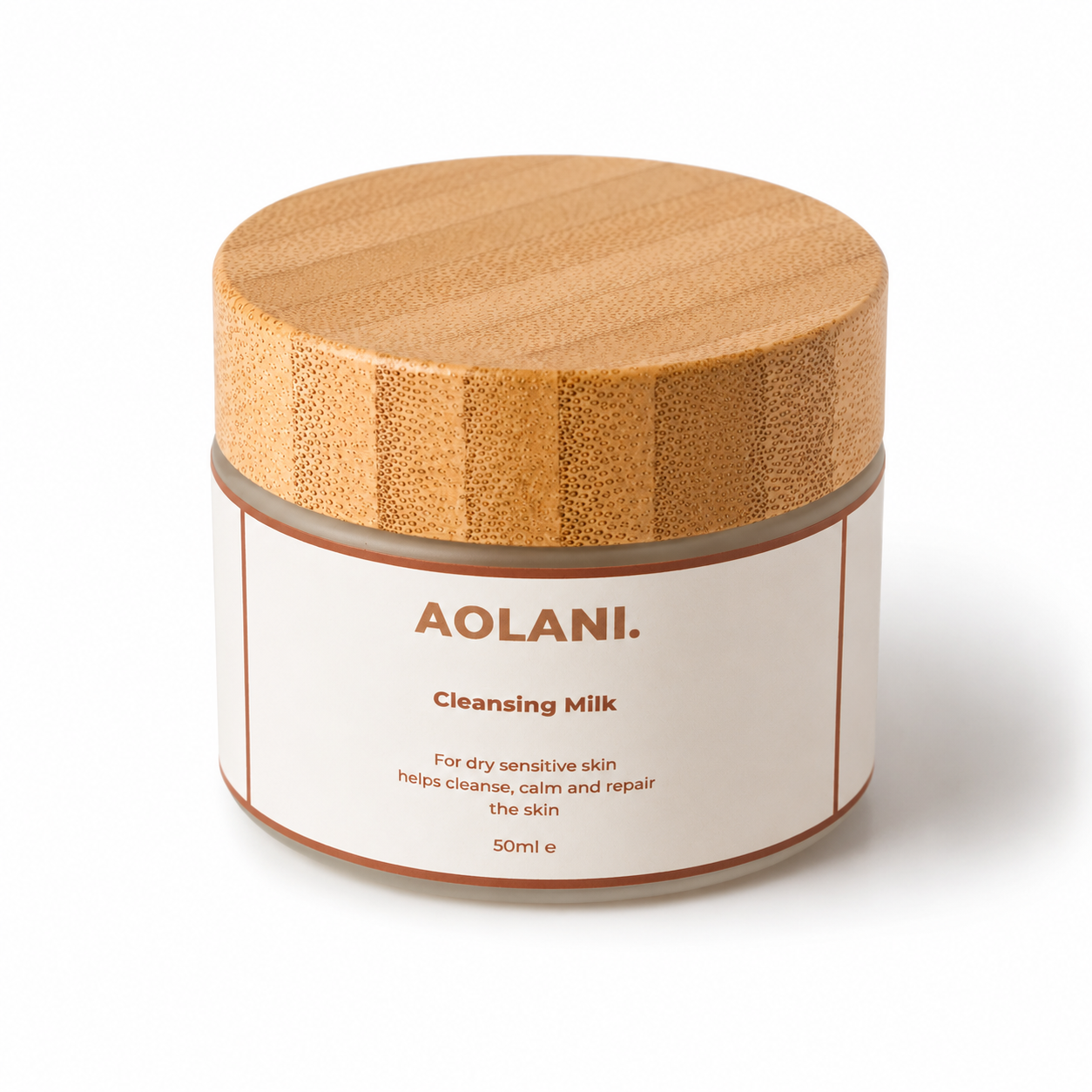 Aolani Cleansing Milk for sensitive skin shown at a front angle in frosted glass packaging with bamboo lid