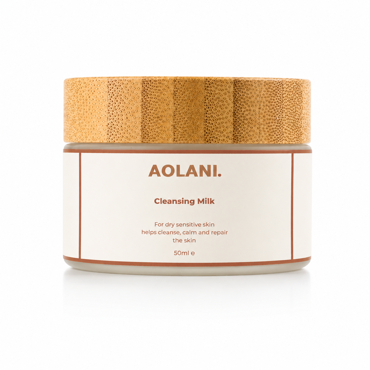 Aolani Cleansing Milk for dry sensitive skin in frosted glass with bamboo lid on a clean white background