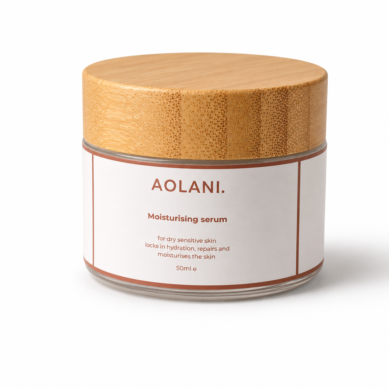 Aolani Moisturising Serum shown at a front angle in premium frosted glass packaging with natural bamboo lid