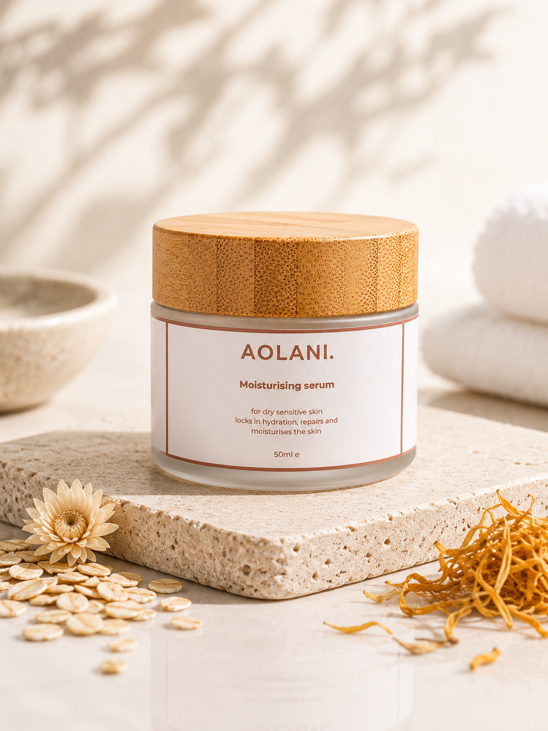 Aolani Moisturising Serum for sensitive skin with natural botanical ingredients styled around the frosted glass jar