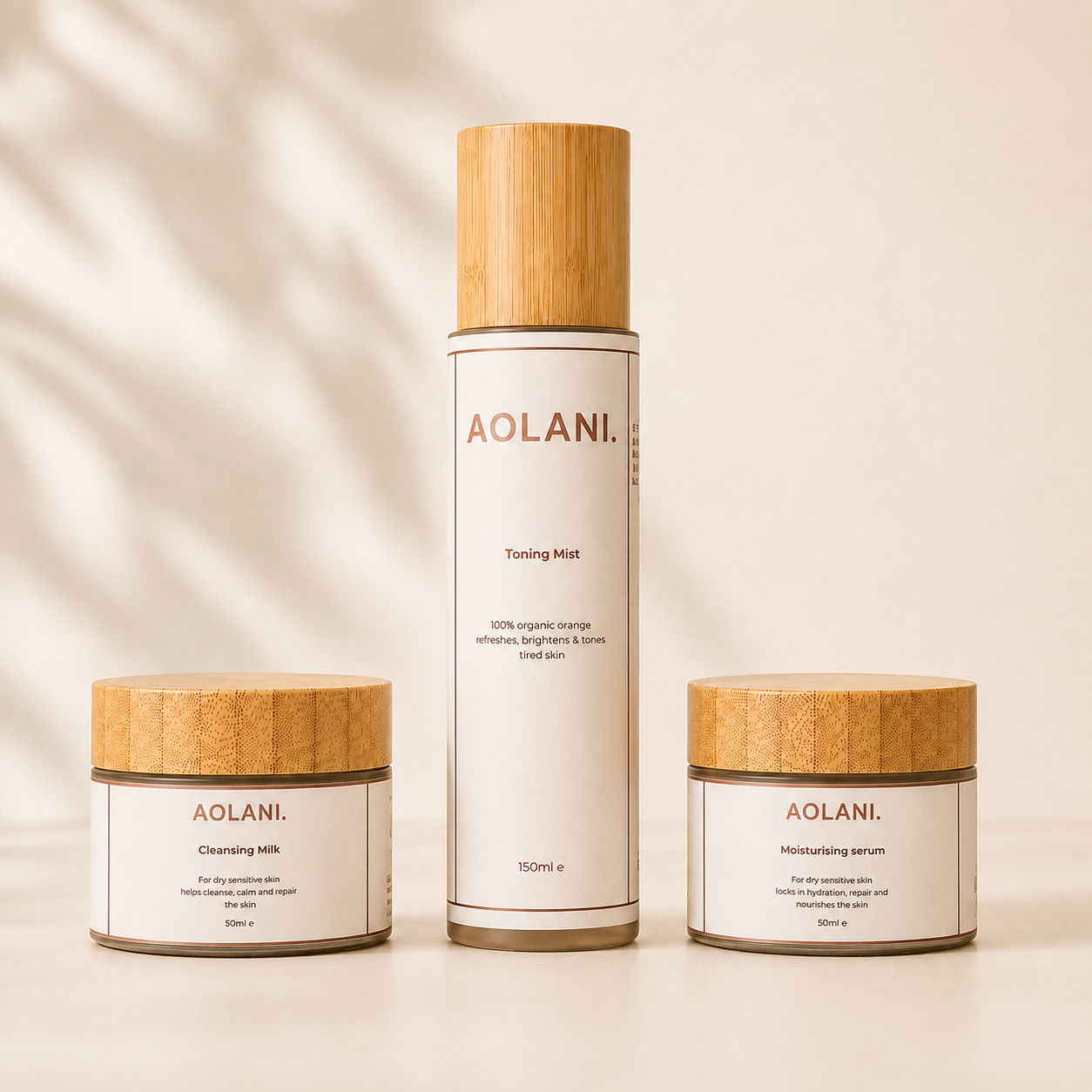 Aolani 3 Step Ritual sensitive skin routine displayed in a premium spa-inspired setting with all three products