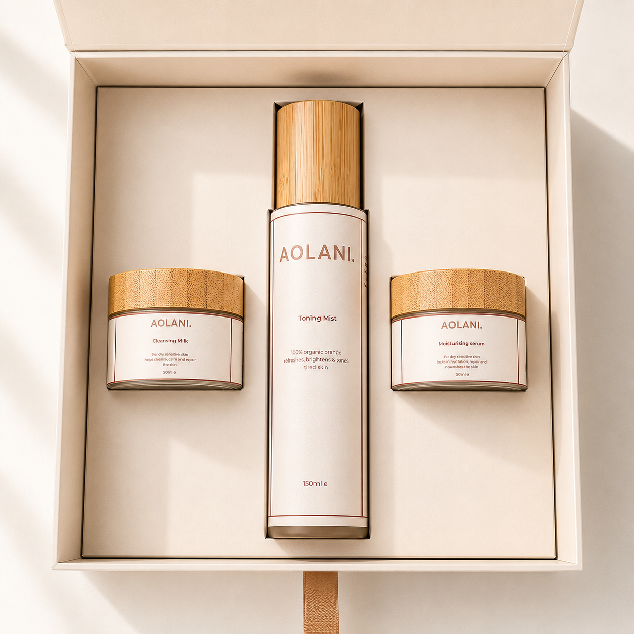 Aolani 3 Step Ritual natural skincare set for sensitive skin featuring cleanser, toner and moisturising serum
