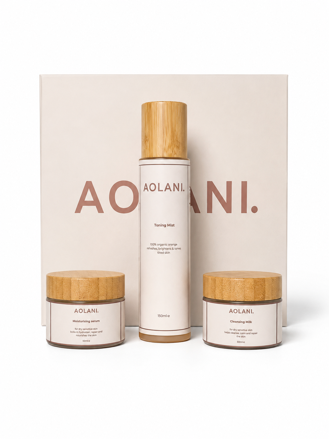 Aolani 3 Step Ritual sensitive skincare set with Cleansing Milk, Organic Toning Mist and Moisturising Serum