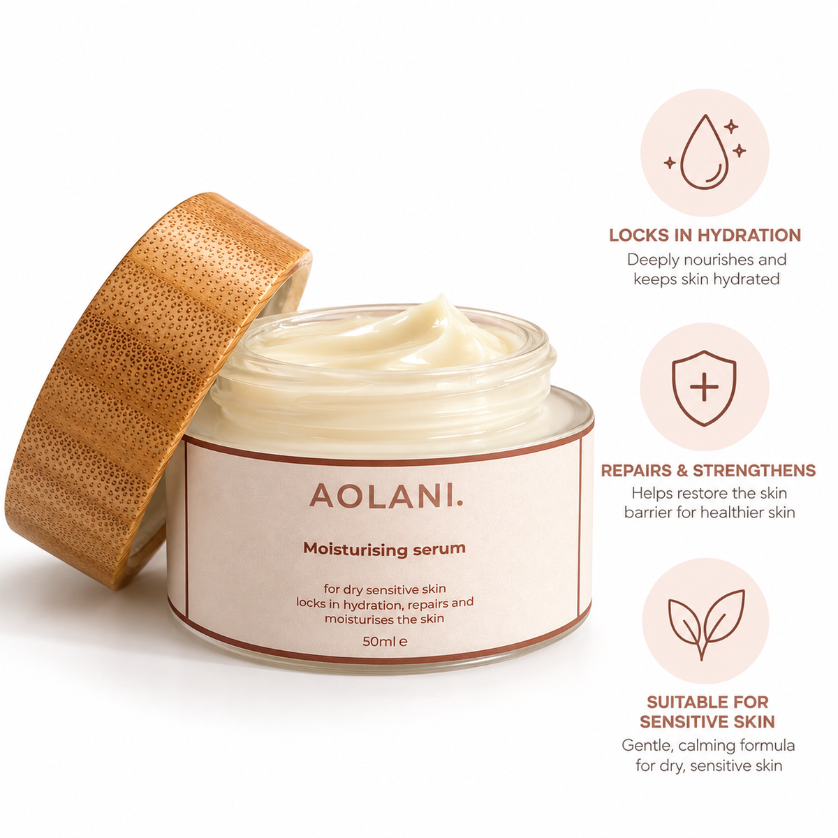 A jar of AOLANI Moisturising serum with its bamboo-patterned lid leaning against it, shown on a white background with four feature callout graphics on the right.