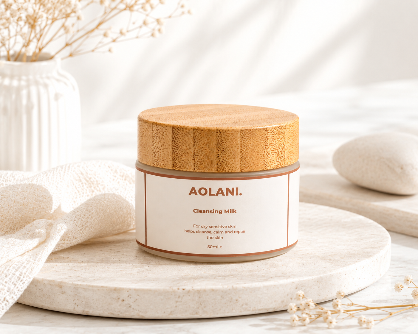 Aolani Cleansing Milk for dry sensitive skin in a calm natural skincare lifestyle setting with soft neutral tones