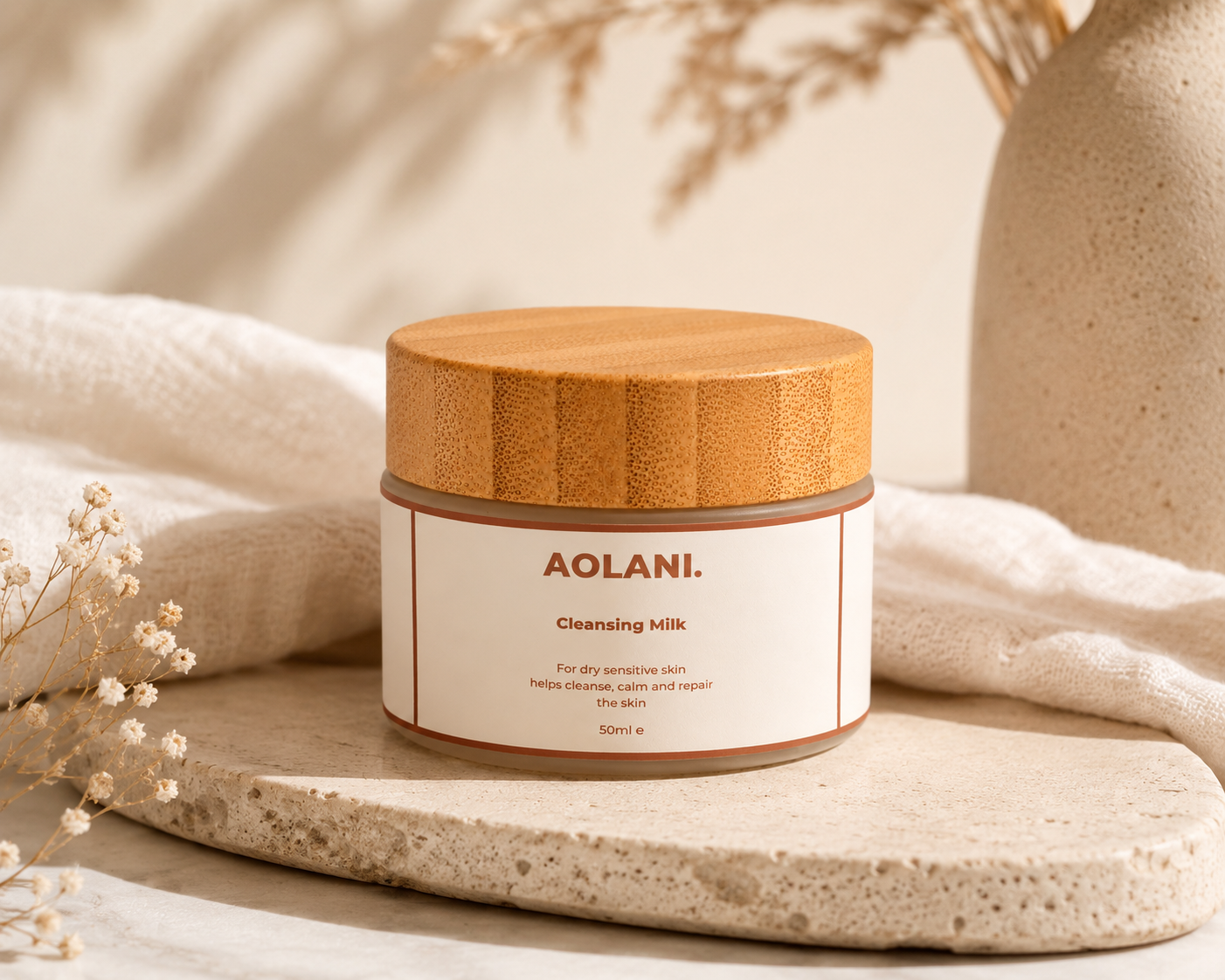 Aolani Cleansing Milk for sensitive skin displayed in a bright luxury spa setting with warm natural light