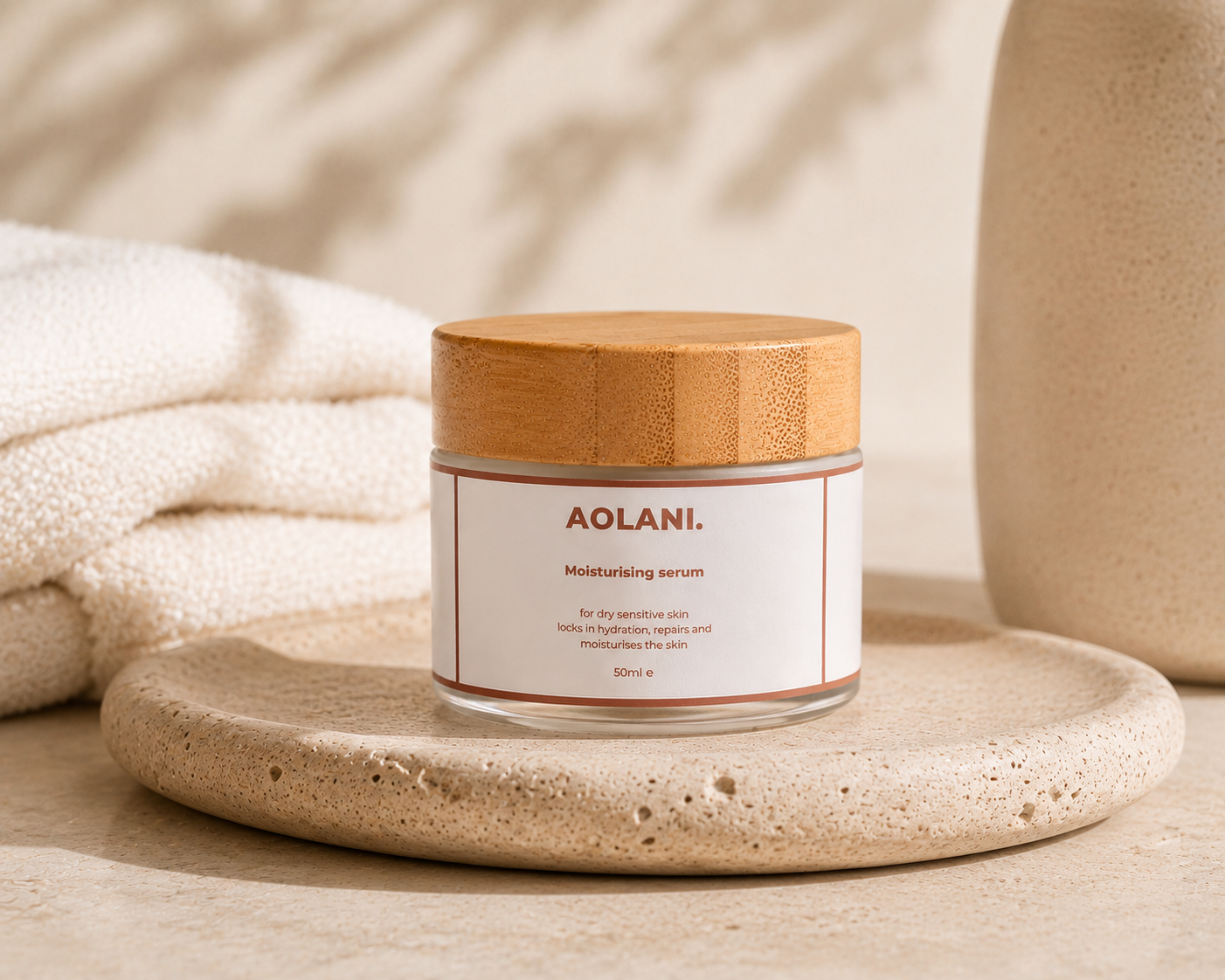 Aolani Moisturising Serum for dry sensitive skin displayed in a warm luxury spa setting with soft natural light