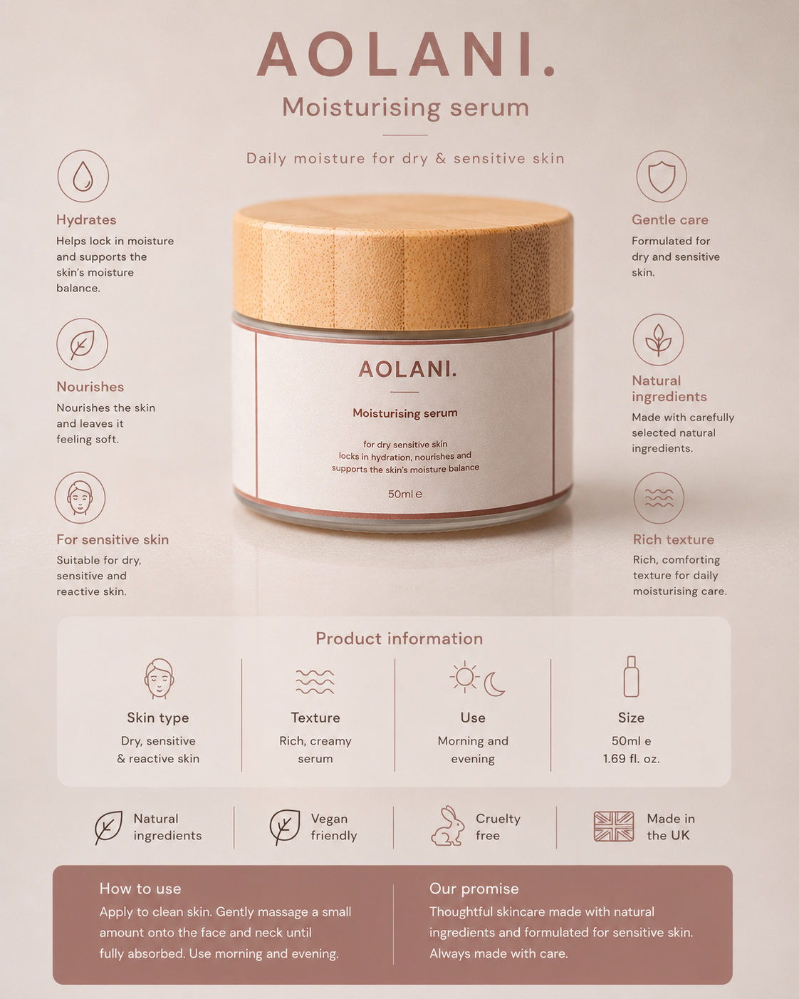 Aolani Moisturising Serum product information showing hydration benefits and use for dry sensitive skin