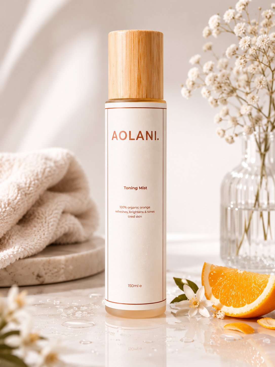 Aolani Organic Toning Mist with natural orange botanical ingredients styled around the frosted bottle