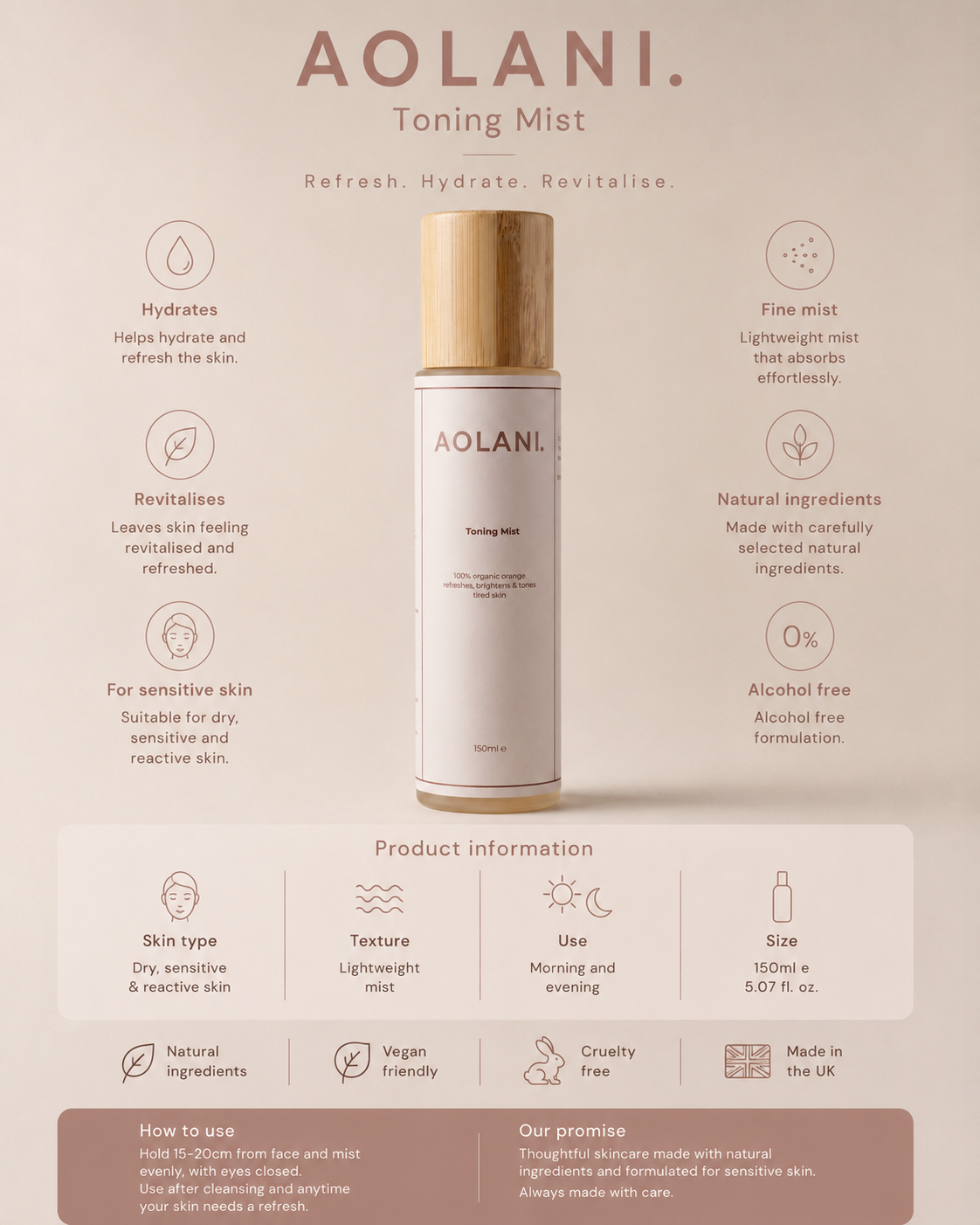 Aolani Organic Toning Mist product information showing benefits and use for refreshing and toning sensitive skin